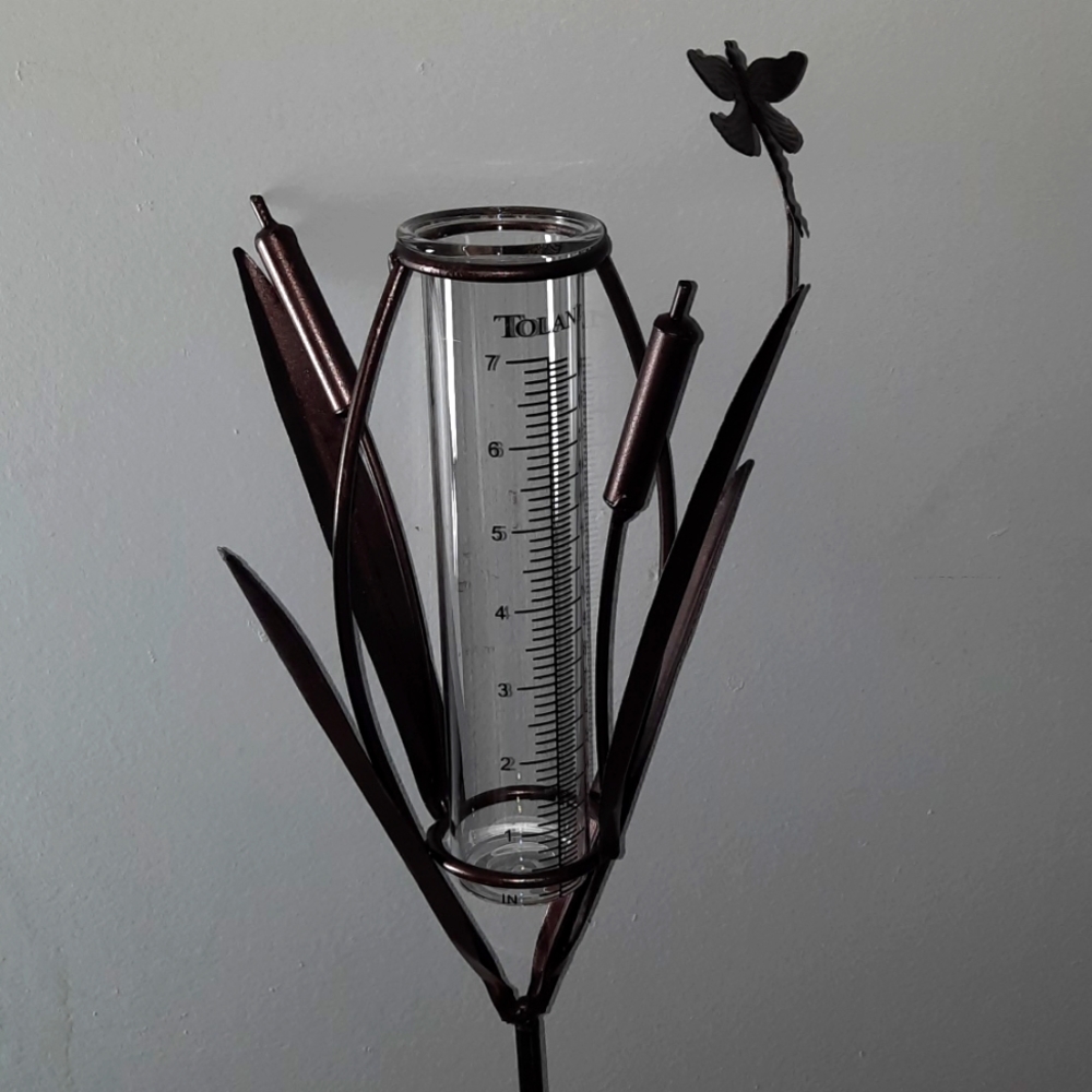 Rain Guage Yard Art Stake Metal Glass Cylynder Measurement Insert Dragonfly